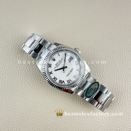 The Best Replica Rolex DateJust 36mm 904L Oystersteel 126234-0026 Super Clone 3235 Movement White Gold Wrap Fluted Bezel White Dial Roman Markers Oyster three-piece links Waterproof Clean factory Made