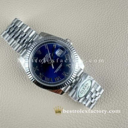The Best Replica Rolex DateJust 41mm 904L Oystersteel 126334-0026 Super Clone 3235 Movement White Gold Wrap Fluted Bezel Blue Wimbledon Roman Dial Jubilee five-piece links Waterproof Clean factory Made