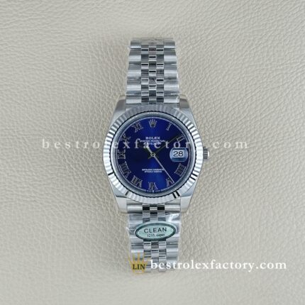 The Best Replica Rolex DateJust 41mm 904L Oystersteel 126334-0026 Super Clone 3235 Movement White Gold Wrap Fluted Bezel Blue Wimbledon Roman Dial Jubilee five-piece links Waterproof Clean factory Made
