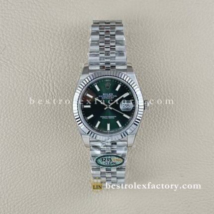 The Best Replica Rolex DateJust 41mm 904L Oystersteel 126334-0028 Super Clone 3235 Movement White Gold Wrap Fluted Bezel Green Dial Jubilee five-piece links Waterproof Clean factory Made