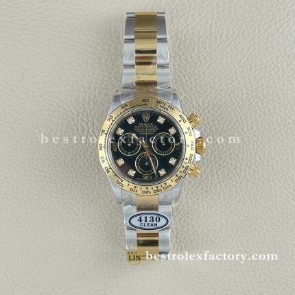 Clean Factory Rolex Daytona 116503-0008 Black Diamond Dial Two-tone 18k Gold wrapped Super Clone Chronograph waterproof Best replica 4130 Movement