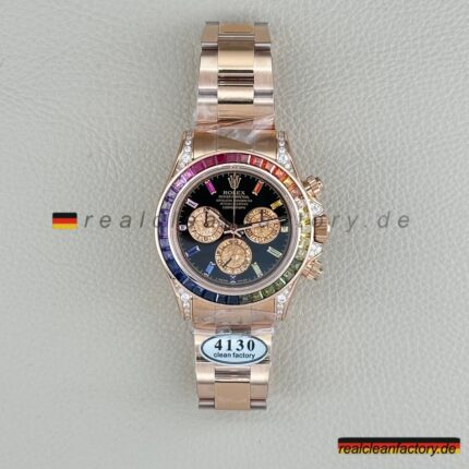 Rolex Daytona Rainbow 18K Roségold Baguette Moissanite Saphir Lünette Clean Factory Beste Super Clone Replik
