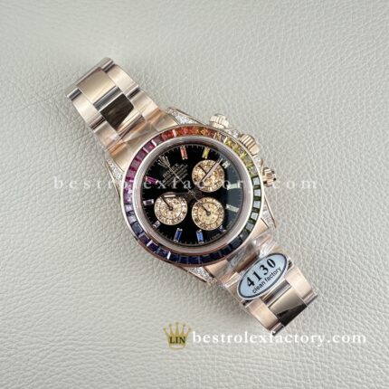 Clean Factory Rolex Daytona 116595RBOW-0001 Diamond Case Rainbow Bezel 18k RoseGold wrapped Bracelet Super Clone Chronograph waterproof Best replica 4130 Movement