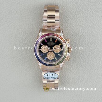 Clean Factory Rolex Daytona 116595RBOW-0001 Diamond Case Rainbow Bezel 18k RoseGold wrapped Bracelet Super Clone Chronograph waterproof Best replica 4130 Movement
