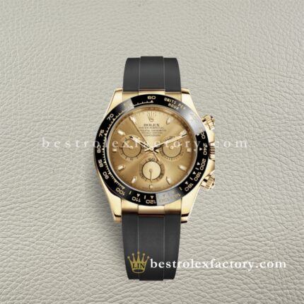 Clean Factory Rolex Daytona 116518LN-0034 Champagne Index Dial Rubber Strap Cerachrom Bezel Yellow Gold wrapped Super Clone Chronograph waterproof Best replica 4130 Movement