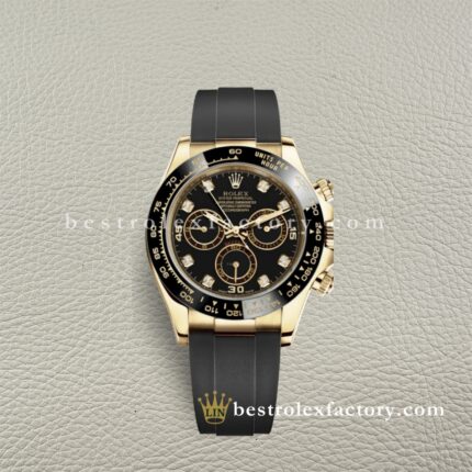 Clean Factory Rolex Daytona 116518LN-0038 Black Diamond Dial Rubber Strap Cerachrom Bezel Yellow Gold wrapped Super Clone Chronograph waterproof Best replica 4130 Movement