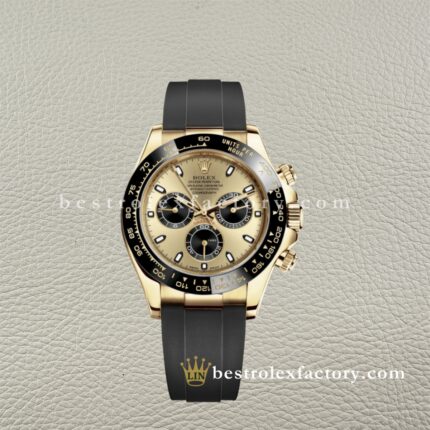 Clean Factory Rolex Daytona 116518LN-0048 Black/Champagne Dial Rubber Strap Cerachrom Bezel Yellow Gold wrapped Super Clone Chronograph waterproof Best replica 4130 Movement