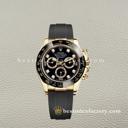 Clean Factory Rolex Daytona 116518LN-0078 Black/Diamond Dial Rubber Strap Cerachrom Bezel Yellow Gold wrapped Super Clone Chronograph waterproof Best replica 4130 Movement