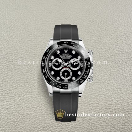 Clean Factory Rolex Daytona 116519LN-0022 Black/diamond Dial 18K White Gold Wrapped Case Oysterflex Rubber Strap Cerachrom Bezel Super Clone Chronograph waterproof Best replica 4130 Movement
