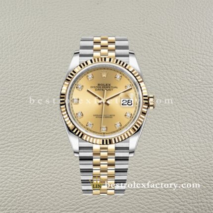 The Best Replica Rolex DateJust 36mm 904L Oystersteel 126233-0017 Super Clone 3235 Movement Yellow Gold Wrap Fluted Bezel Yellow Gold Dial Jubilee five-piece links Waterproof Clean factory Made