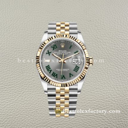 The Best Replica Rolex DateJust 36mm 126233-0035 904L Oystersteel Slate Grey Wimbledon Roman Dial Two-tone Super Clone 3235 Movement Yellow Gold Wrap Fluted Bezel Jubilee five-piece links Waterproof Clean factory Made