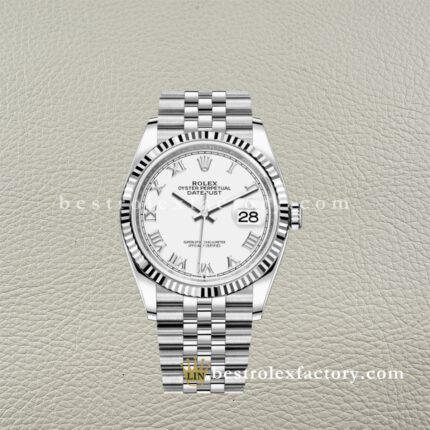 The Best Replica Rolex DateJust 36mm 904L Oystersteel 126234-0025 Super Clone 3235 Movement White Gold Wrap Fluted Bezel White Dial Roman Markers Jubilee five-piece links Waterproof Clean factory Made