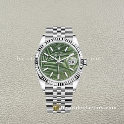 The Best Replica Rolex DateJust 36mm 126234-0047 Super Clone 3235 Movement White Gold Wrap Fluted Bezel Green Palm Motif Dial 904L Oystersteel Jubilee five-piece links Waterproof Clean factory Made
