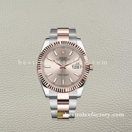 The Best Replica Rolex DateJust 41mm 904L Oystersteel 126331-0009 Super Clone 3235 Movement Two-Tone Rose Gold Wrap Fluted Bezel Sundust Stick Dial Oyster three-piece links Waterproof Clean factory Made