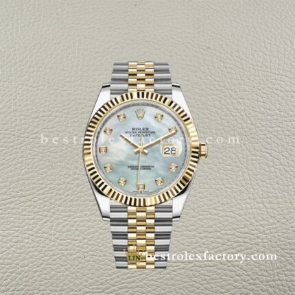 The Best Replica Rolex DateJust 41mm 126333-0018 Two-tone Super Clone 3235 Movement Yellow Gold Wrap Fluted Bezel White Mother of Pearl Diamond Dial 904L Oystersteel Jubilee five-piece links Waterproof Clean factory Made