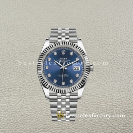 The Best Replica Rolex DateJust 41mm 904L Oystersteel 126334-0016 Super Clone 3235 Movement White Gold Wrap Fluted Bezel Blue Diamond Dial Jubilee five-piece links Waterproof Clean factory Made