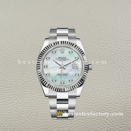 The Best Replica Rolex DateJust 41mm 904L Oystersteel 126334-0019 Super Clone 3235 Movement White Gold Wrap Fluted Bezel White Mother of Pearl Diamond Dial Oyster three-piece links Waterproof Clean factory Made