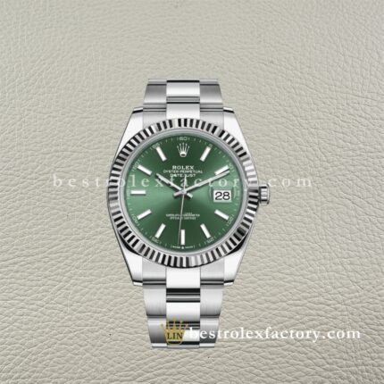 The Best Replica Rolex DateJust 41mm 904L Oystersteel 126334-0027 Super Clone 3235 Movement White Gold Wrap Fluted Bezel Green Dial Oyster three-piece links Waterproof Clean factory Made