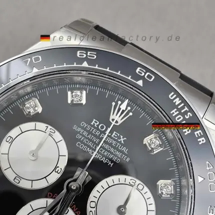 Clean Factory Rolex Daytona 126519LN-0004 Schwarz Zifferblatt Diamant Markierungen Silber Hilfszifferblätter Schnecken - Dandong 4131 Super Klon | 18k Weißgold