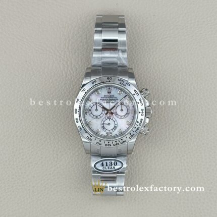 Clean Factory Rolex Daytona 116509-0064 White mother of Pearl Diamond Dial White Gold Bezel Super Clone Chronograph waterproof Best replica 4130 Movement