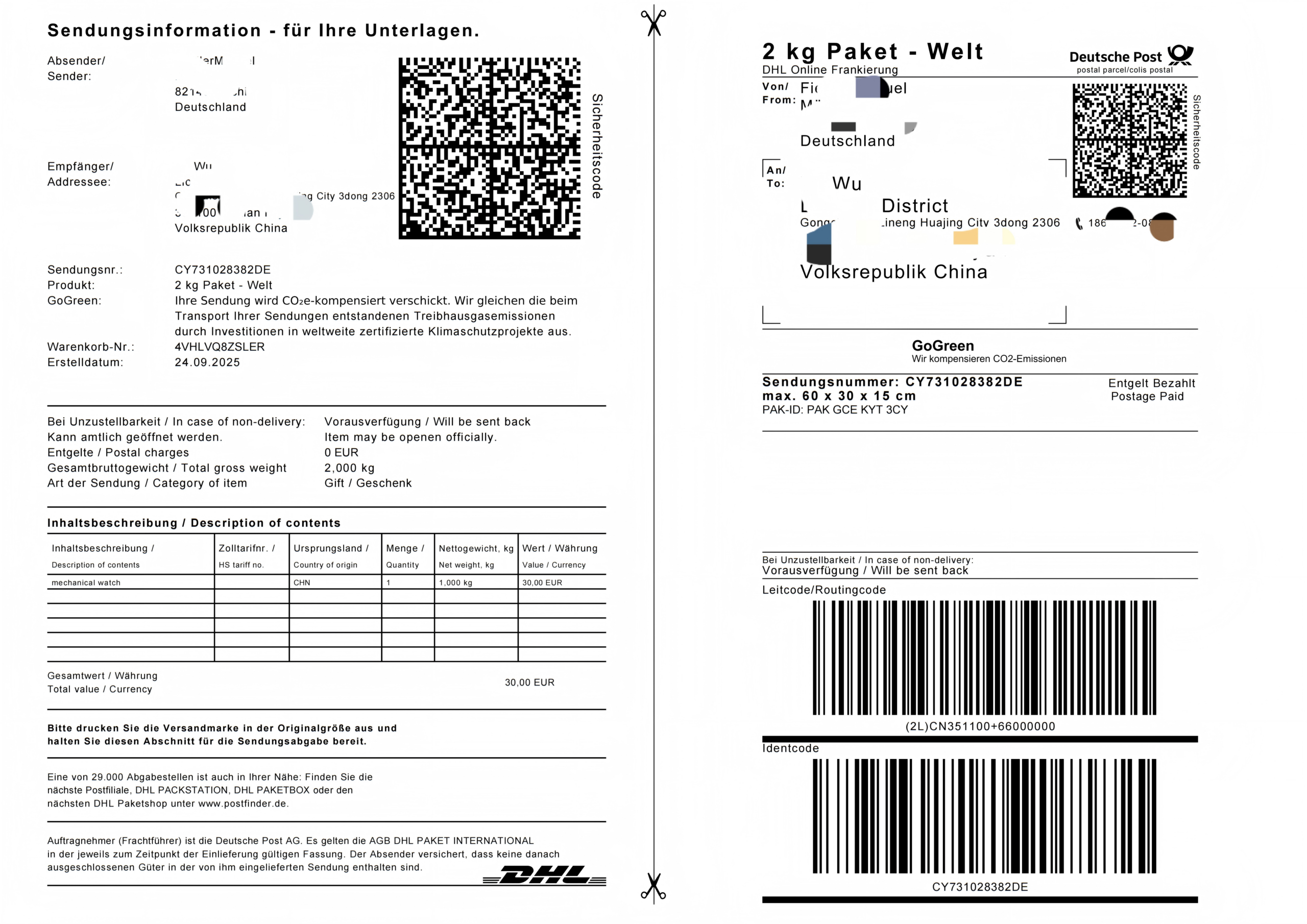 Muster Zolldeklaration oder Tracking