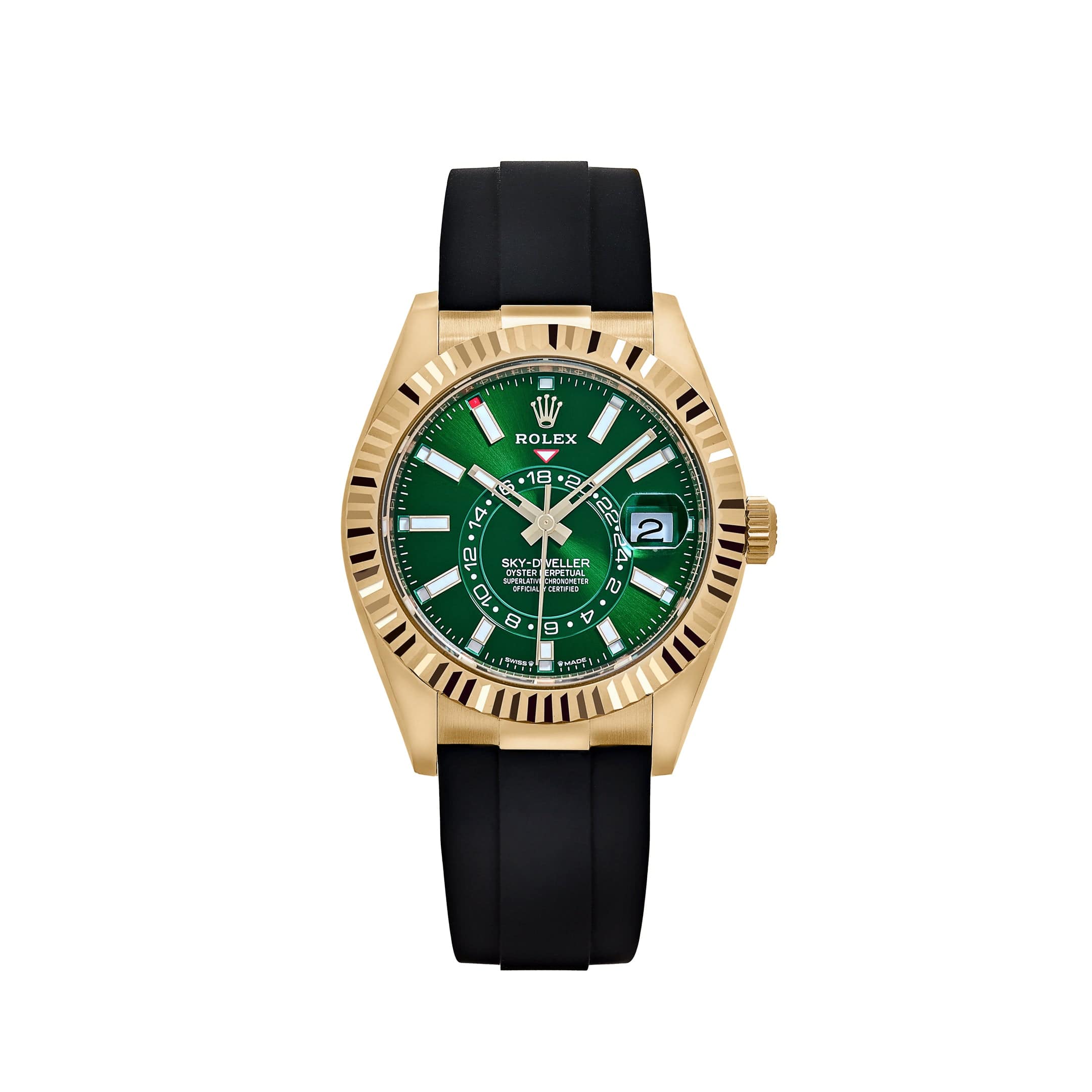ZF Factory Rolex Sky-Dweller 336238 Gelbgold Grün Oysterflex ZF Factory Rolex Sky-Dweller 42 Ref. 336238-0004 Gelbgold-Optik mit grünem Sonnenschliff-Zifferblatt, kannelierter Lünette und Oysterflex-Armband