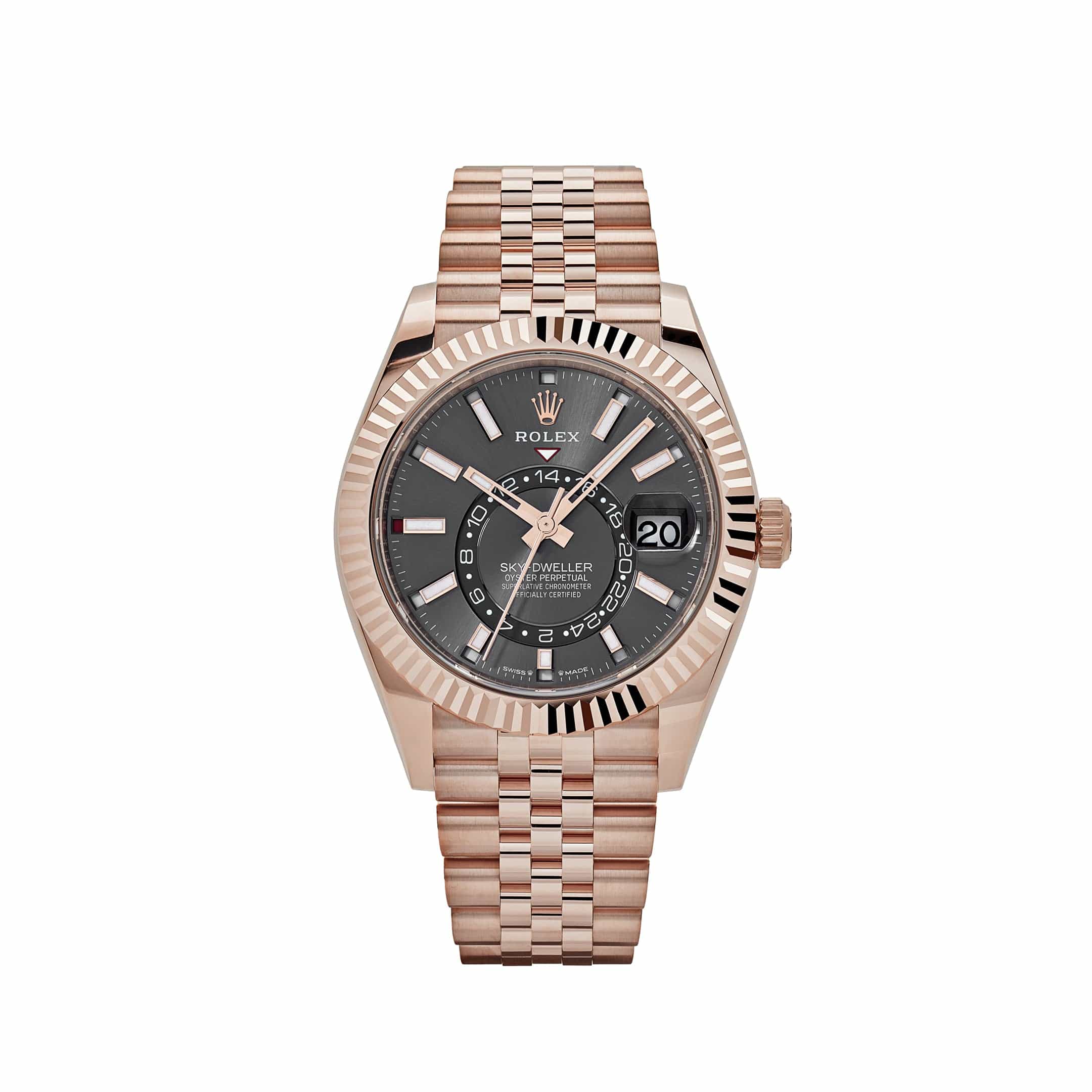 ZF Factory Rolex Sky-Dweller 336935 Roségold Slate Jubilee ZF Factory Rolex Sky-Dweller 42 Ref. 336935-0008 Roségold-Optik mit Slate-Zifferblatt, kannelierter Lünette und Jubilee-Armband