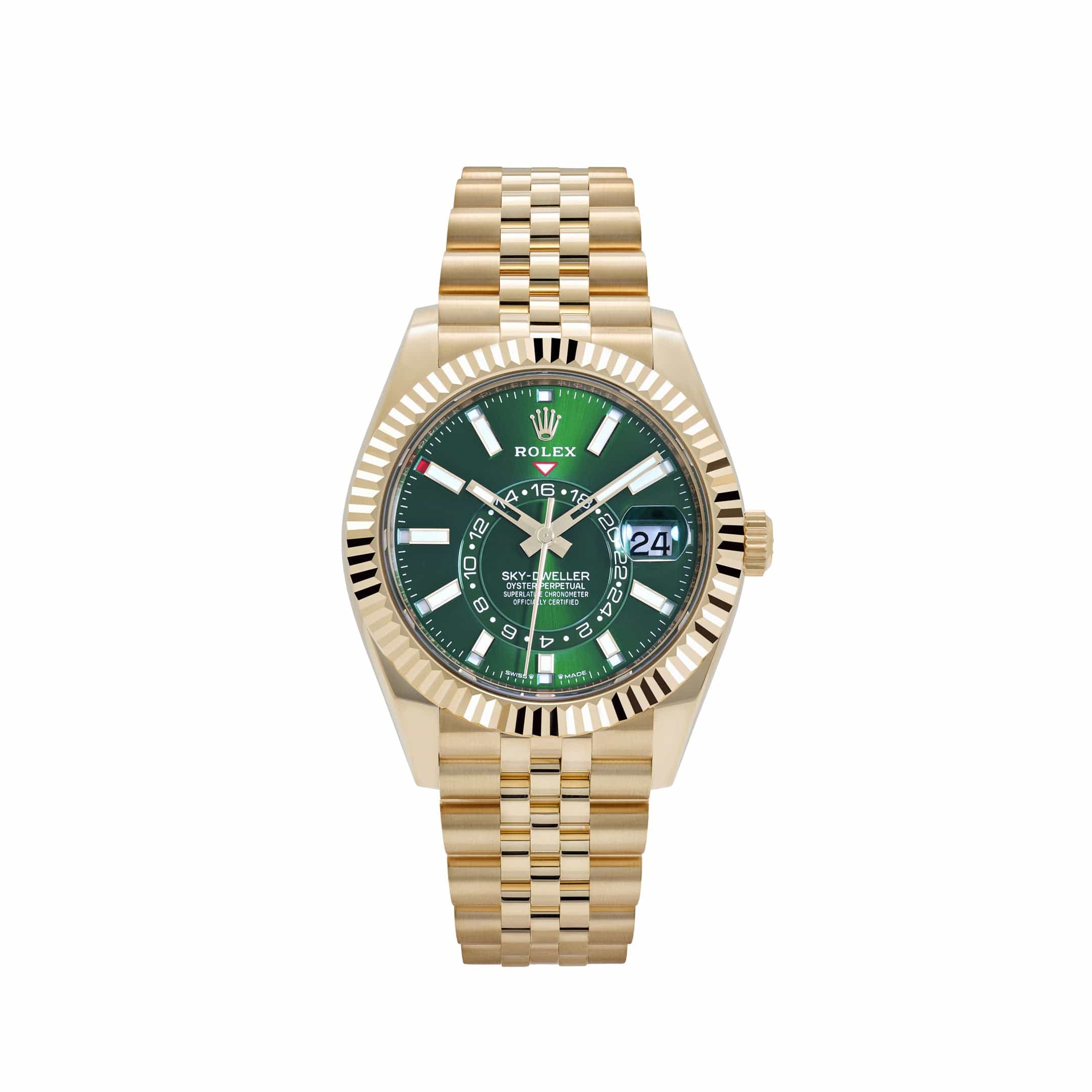 ZF Factory Rolex Sky-Dweller 336938 Gelbgold Grün Jubilee ZF Factory Rolex Sky-Dweller 42 Ref. 336938-0008 Gelbgold-Optik mit grünem Sonnenschliff-Zifferblatt, kannelierter Lünette und Jubilee-Armband
